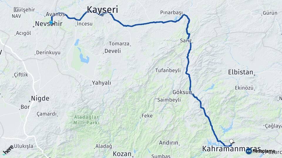 Nevşehir Ürgüp Kahramanmaraş Arası Kaç Km - Yol Haritası