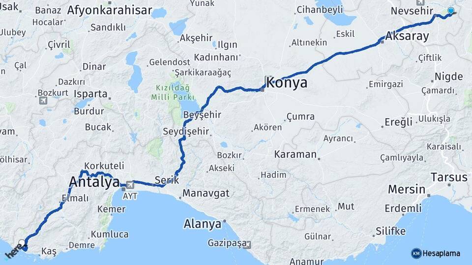 Nevşehir Ürgüp Kalkan Kaş Antalya Arası Kaç Km - Yol Haritası