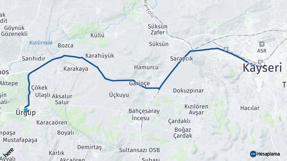 Nevşehir Ürgüp Kayseri Arası Kaç Km - Yol Haritası