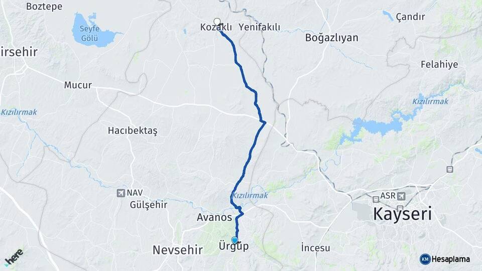 Nevşehir Ürgüp Kozaklı Arası Kaç Km - Yol Haritası