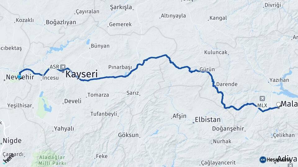 Nevşehir Ürgüp Malatya Arası Kaç Km - Yol Haritası
