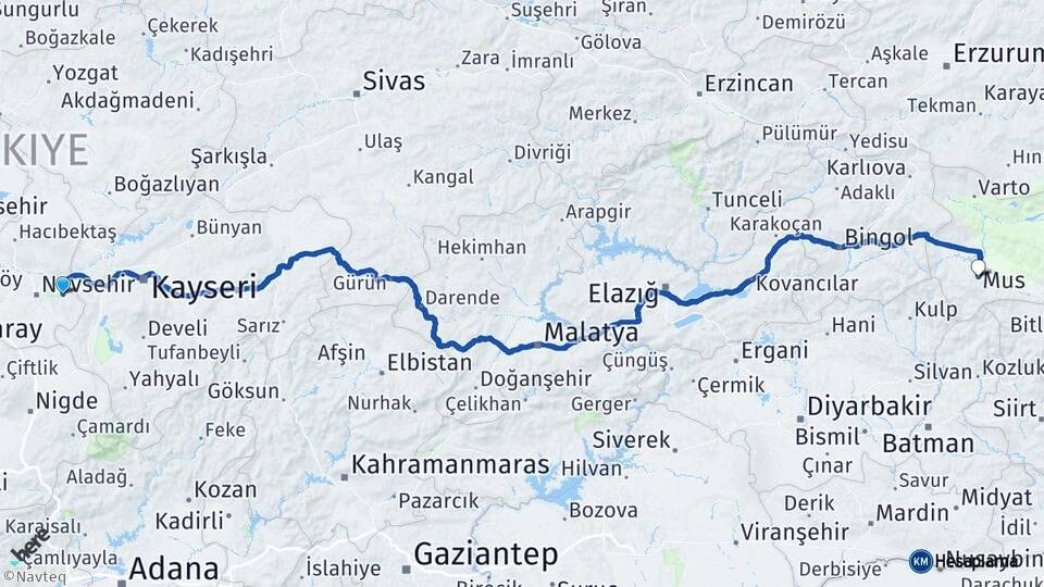 Nevşehir Ürgüp Muş Arası Kaç Km - Yol Haritası