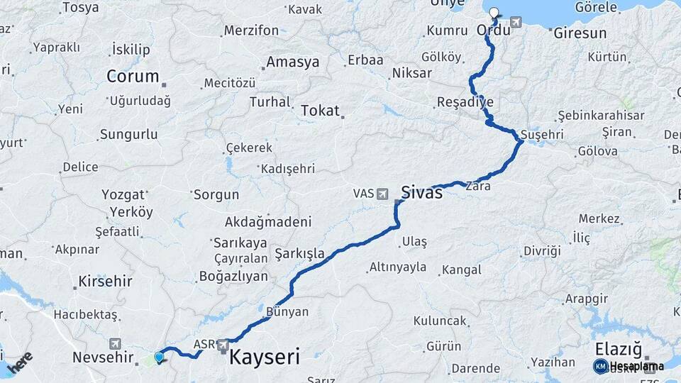 Nevşehir Ürgüp Ordu Arası Kaç Km - Yol Haritası