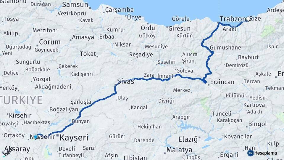 Nevşehir Ürgüp Rize Arası Kaç Km - Yol Haritası