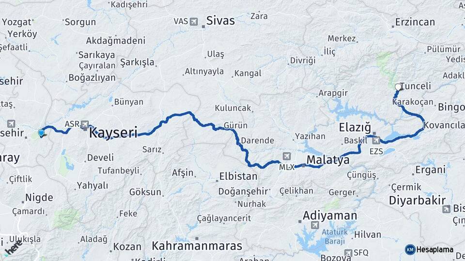 Nevşehir Ürgüp Tunceli Arası Kaç Km - Yol Haritası