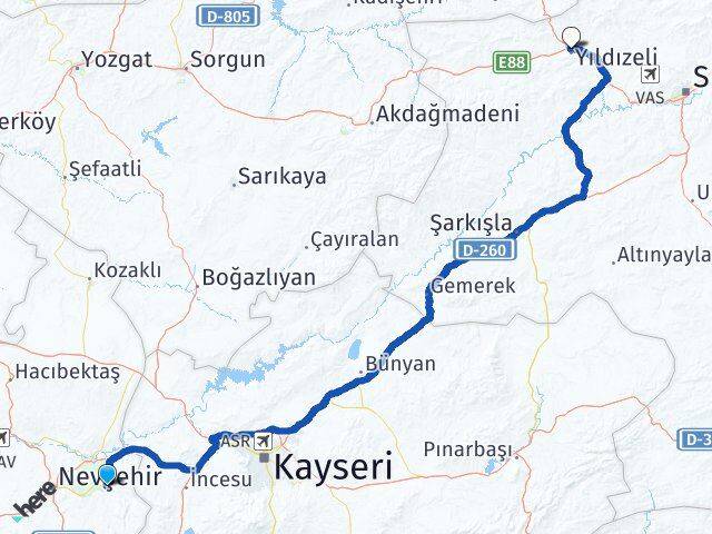Nevşehir Ürgüp Yıldızeli Sivas Arası Kaç Km - Yol Haritası
