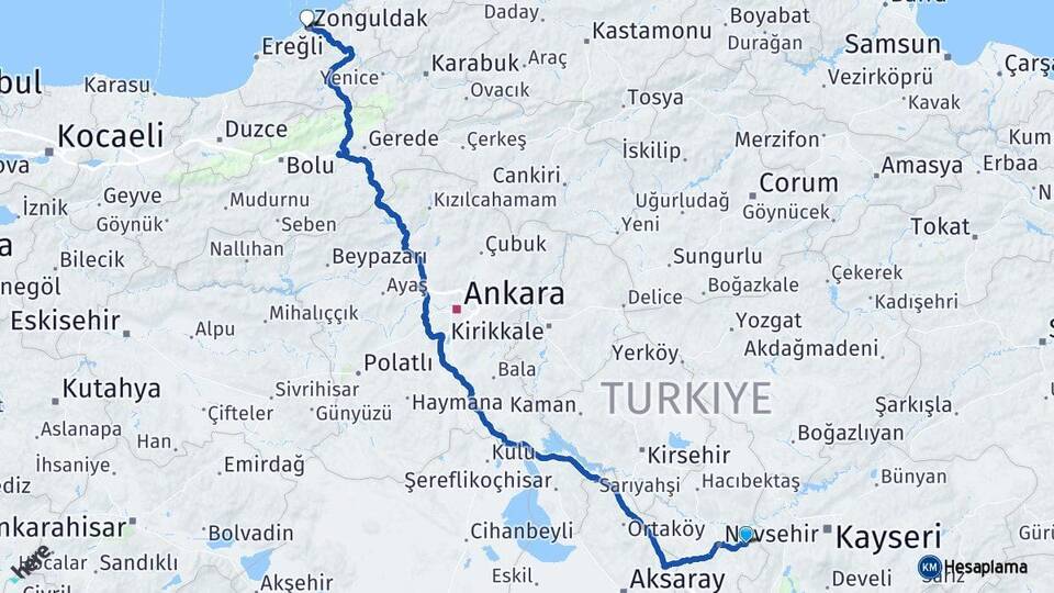 Nevşehir Ürgüp Zonguldak Arası Kaç Km - Yol Haritası