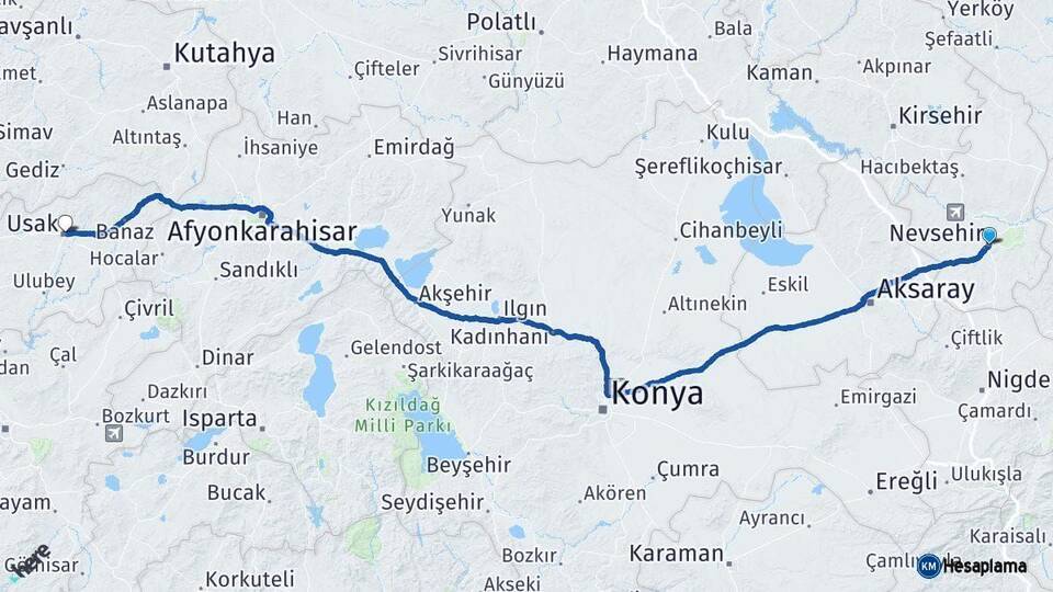 Nevşehir Uşak Arası Kaç Km - Yol Haritası