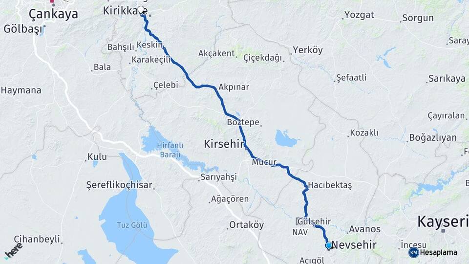 Nevşehir Yahşihan Kırıkkale Arası Kaç Km - Yol Haritası