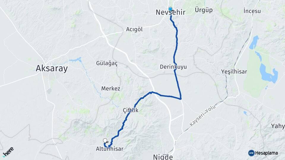 Nevşehir Yakacık Altunhisar Niğde Arası Kaç Km - Yol Haritası