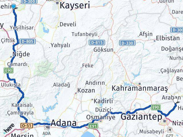 Nevşehir Yavuzeli Gaziantep Arası Kaç Km - Yol Haritası
