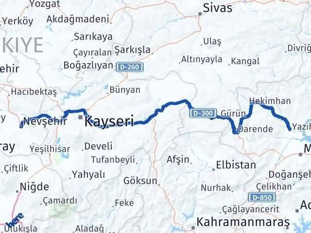 Nevşehir Yazıhan Malatya Arası Kaç Km - Yol Haritası