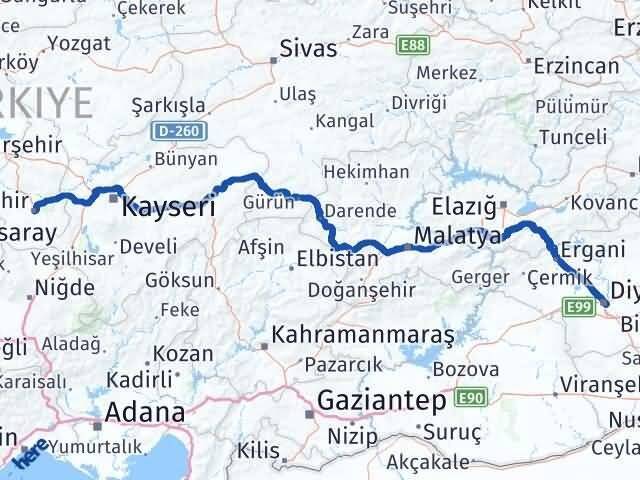Nevşehir Yenişehir Diyarbakır Arası Kaç Km - Yol Haritası