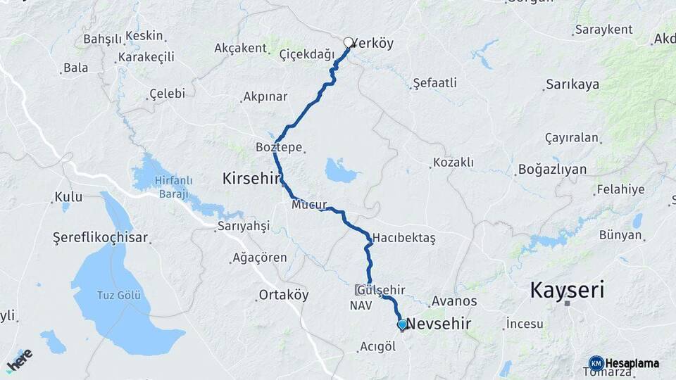 Nevşehir Yerköy Yozgat Arası Kaç Km - Yol Haritası