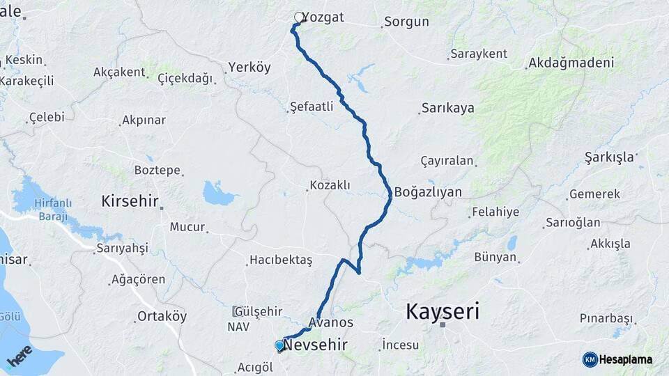 Nevşehir Yozgat Arası Kaç Km - Yol Haritası