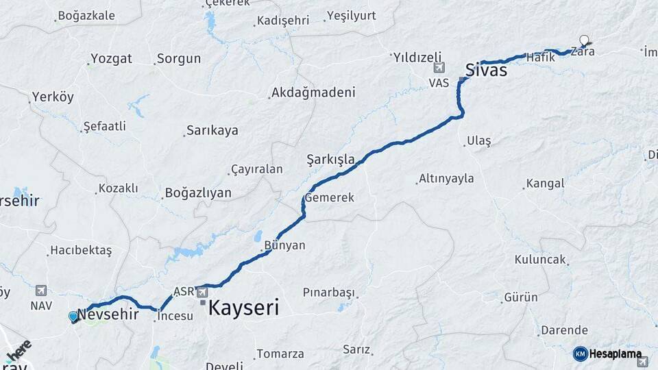 Nevşehir Zara Sivas Arası Kaç Km - Yol Haritası