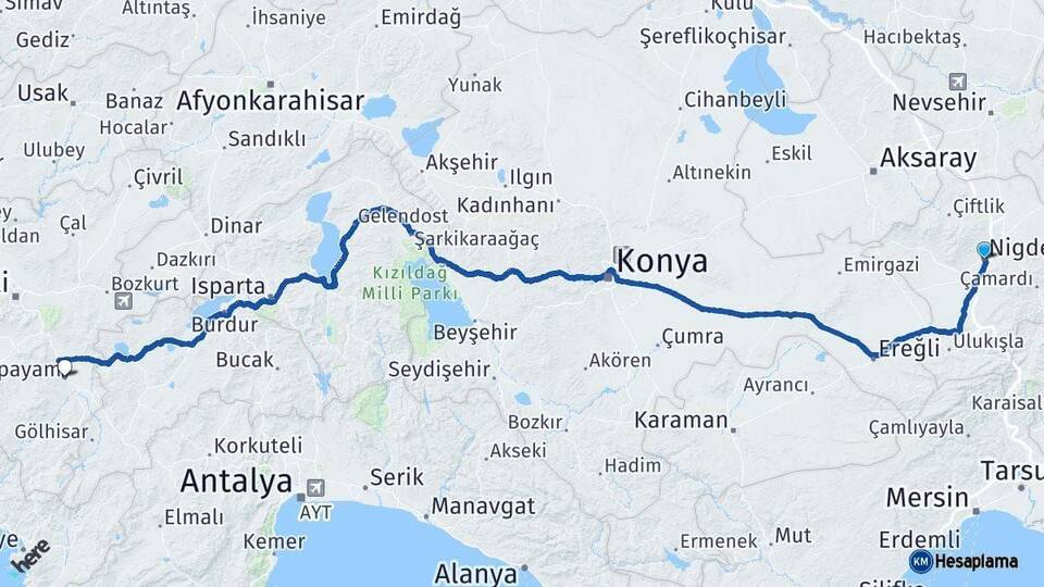 Niğde Acıpayam Denizli Arası Kaç Km - Yol Haritası