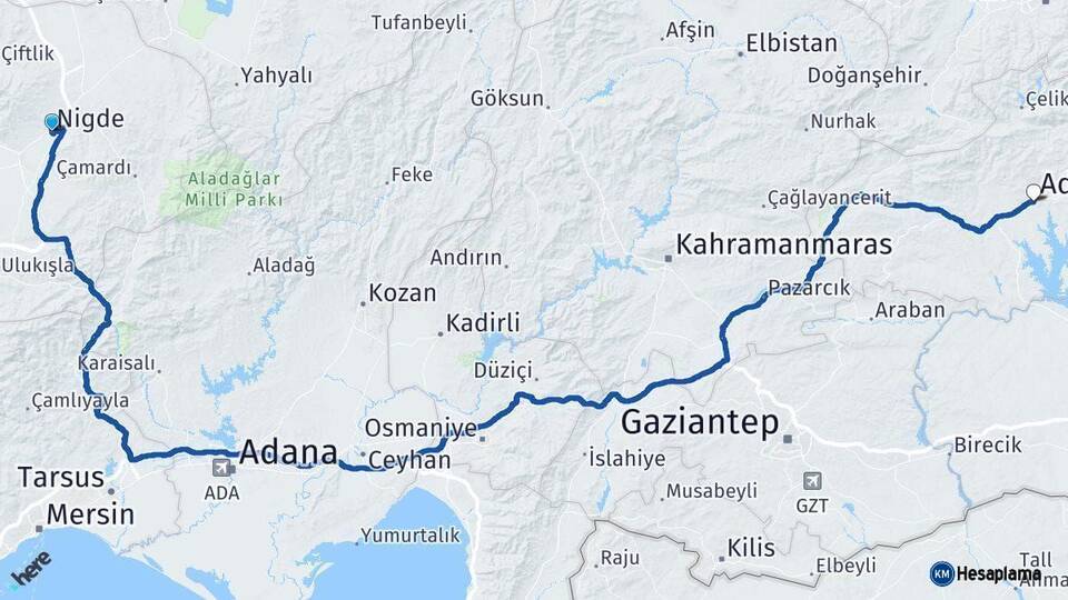 Niğde Adıyaman Arası Kaç Km - Yol Haritası