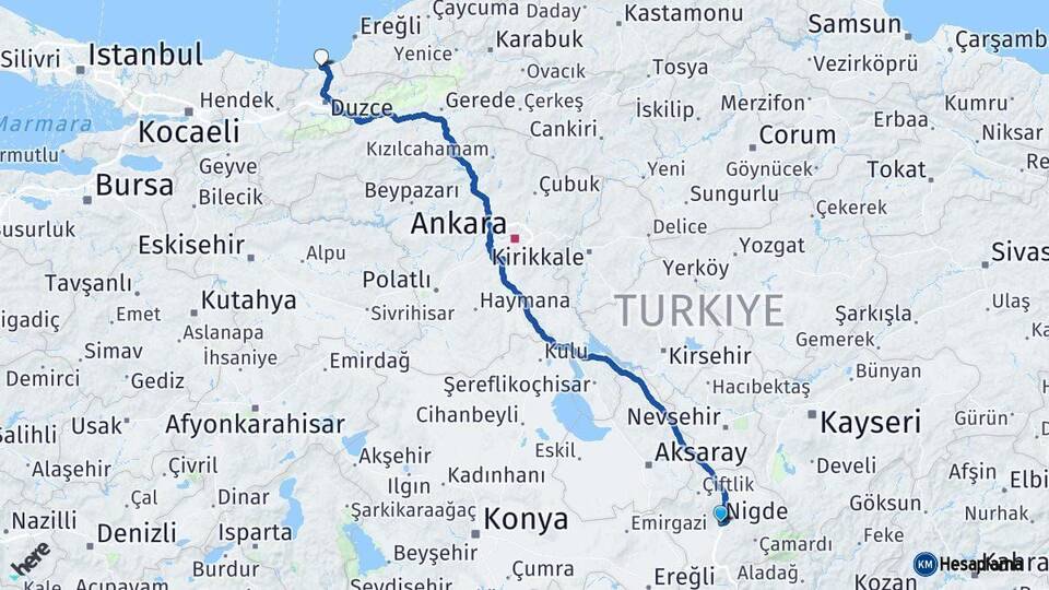 Niğde Akçakoca Düzce Arası Kaç Km - Yol Haritası