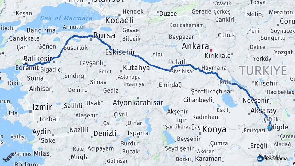 Niğde Akçay Edremit Balıkesir Arası Kaç Km - Yol Haritası