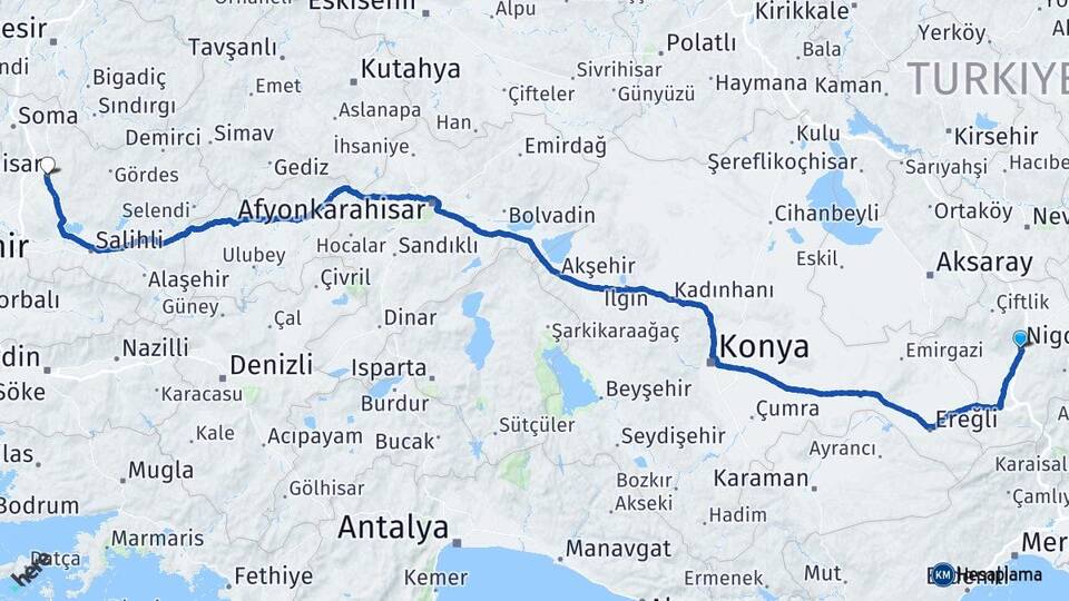 Niğde Akhisar Manisa Arası Kaç Km - Yol Haritası