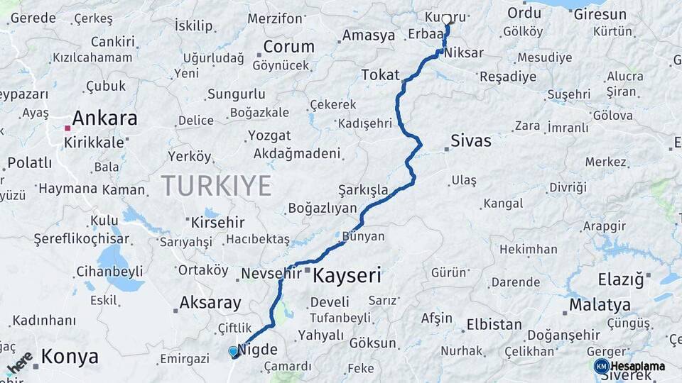 Niğde Akkuş Ordu Arası Kaç Km - Yol Haritası