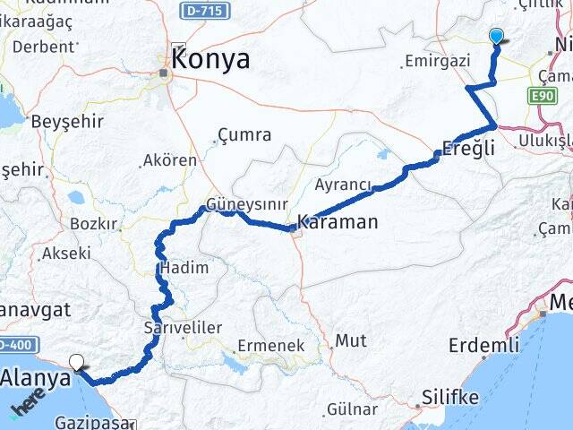 Niğde Altunhisar Alanya Antalya Arası Kaç Km - Yol Haritası
