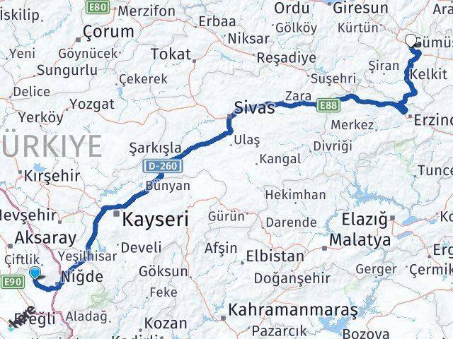 Niğde Altunhisar Gümüşhane Arası Kaç Km - Yol Haritası