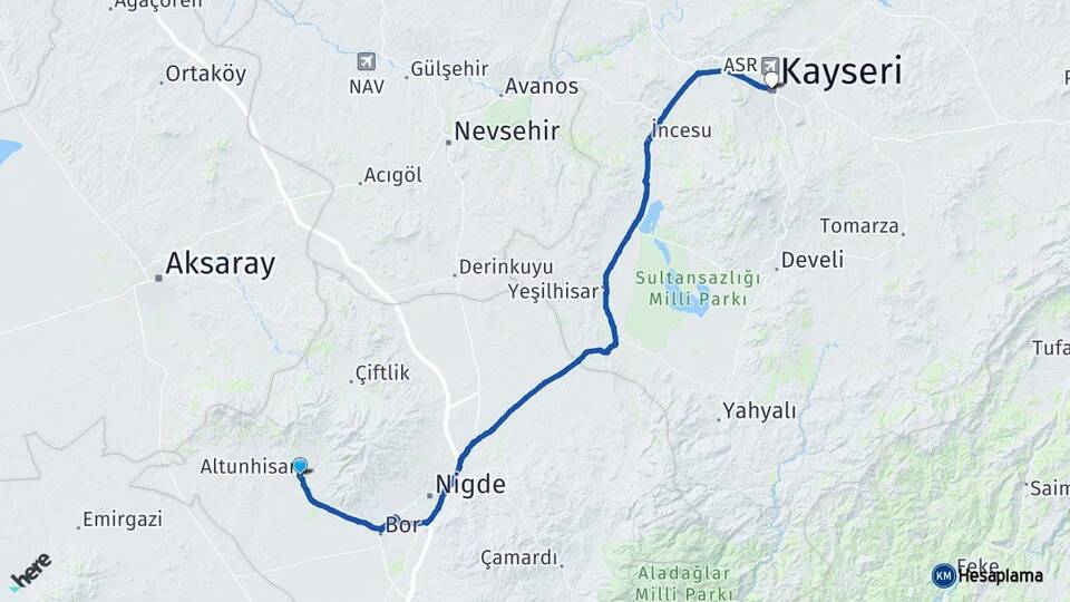 Niğde Altunhisar Kayseri Arası Kaç Km - Yol Haritası