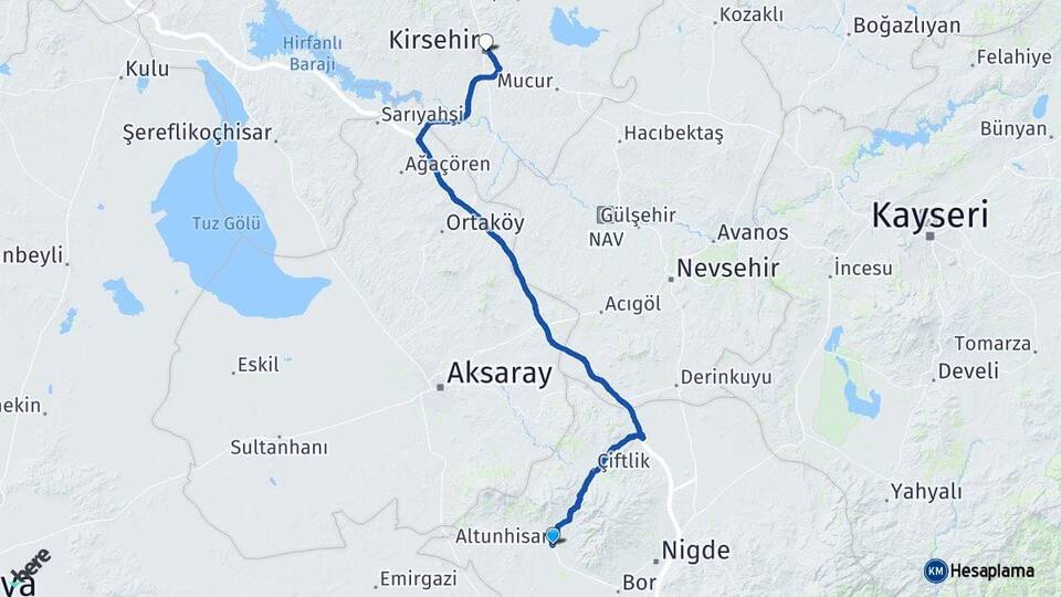 Niğde Altunhisar Kırşehir Arası Kaç Km - Yol Haritası