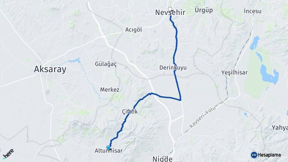 Niğde Altunhisar Nevşehir Arası Kaç Km - Yol Haritası