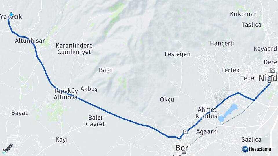 Niğde Altunhisar Yakacık Arası Kaç Km - Yol Haritası