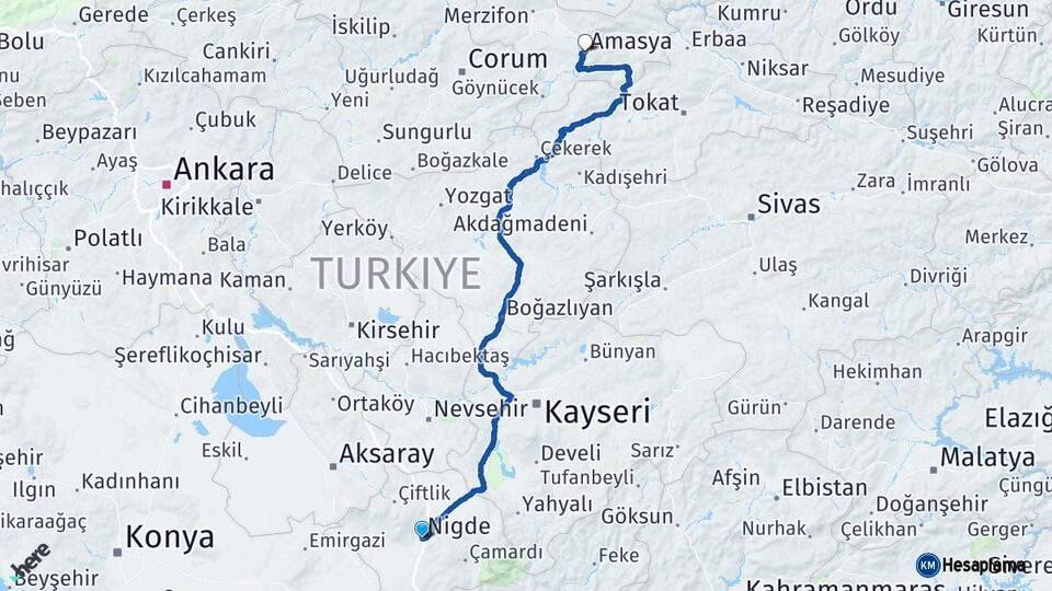 Niğde Amasya Arası Kaç Km - Yol Haritası