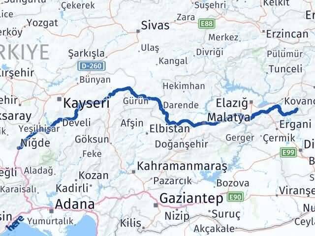 Niğde Arıcak Elazığ Arası Kaç Km - Yol Haritası