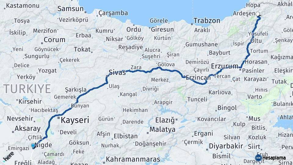 Niğde Artvin Arası Kaç Km - Yol Haritası
