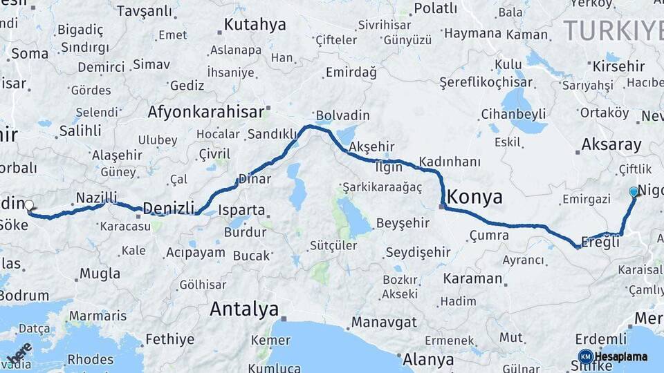 Niğde Aydın Arası Kaç Km - Yol Haritası