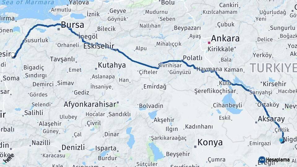 Niğde Balıkesir Arası Kaç Km - Yol Haritası