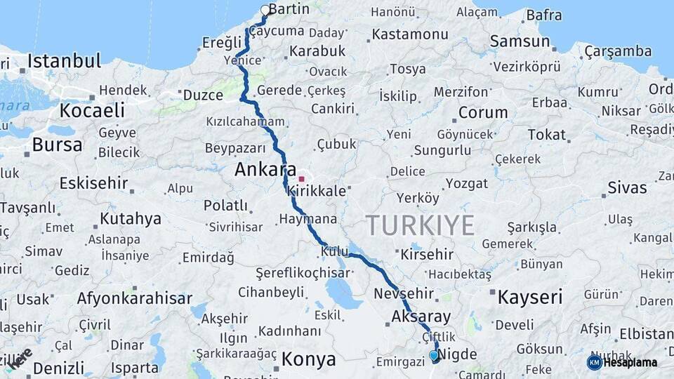Niğde Bartın Arası Kaç Km - Yol Haritası