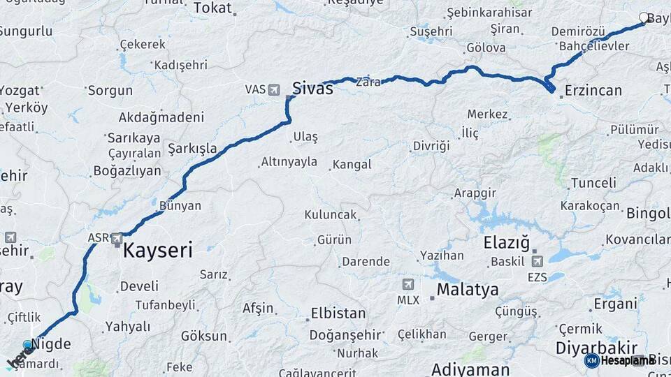 Niğde Bayburt Arası Kaç Km - Yol Haritası