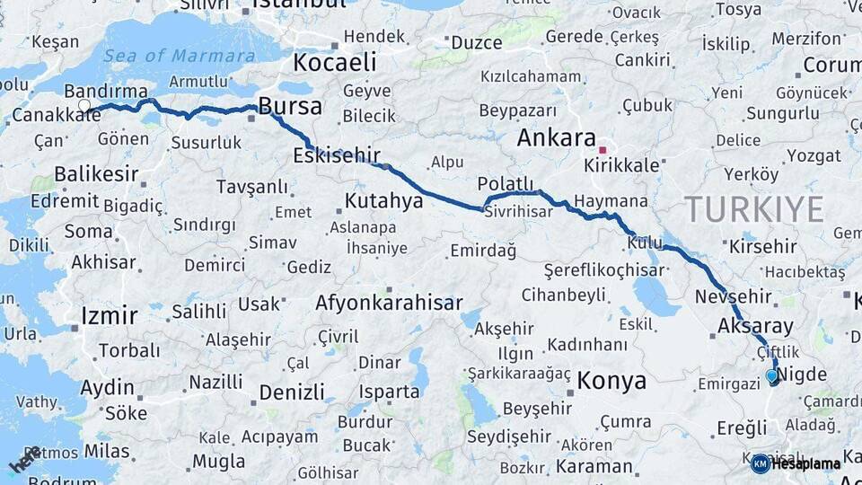 Niğde Biga Çanakkale Arası Kaç Km - Yol Haritası