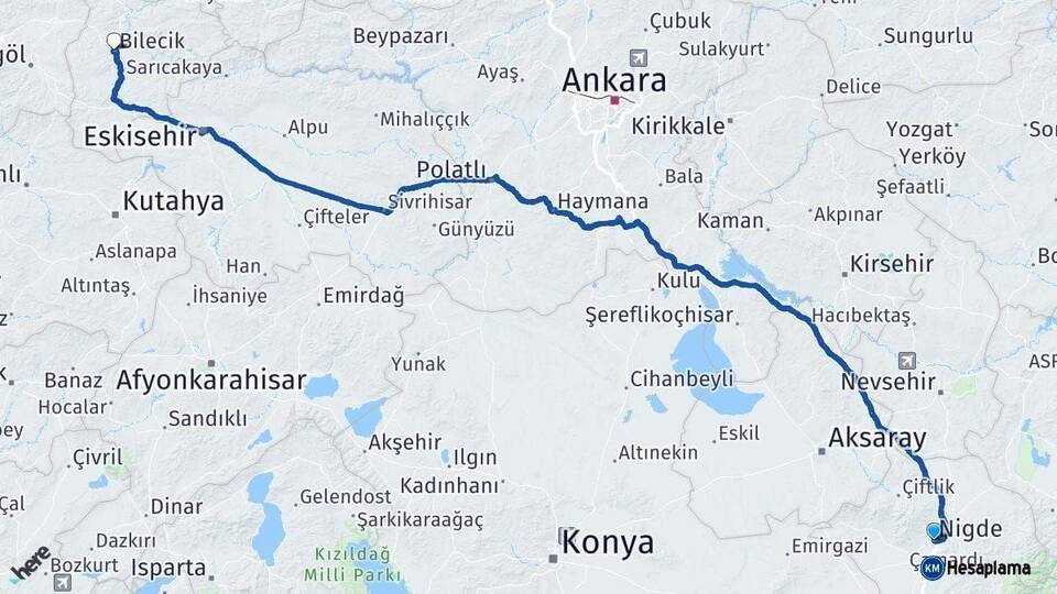 Niğde Bilecik Arası Kaç Km - Yol Haritası