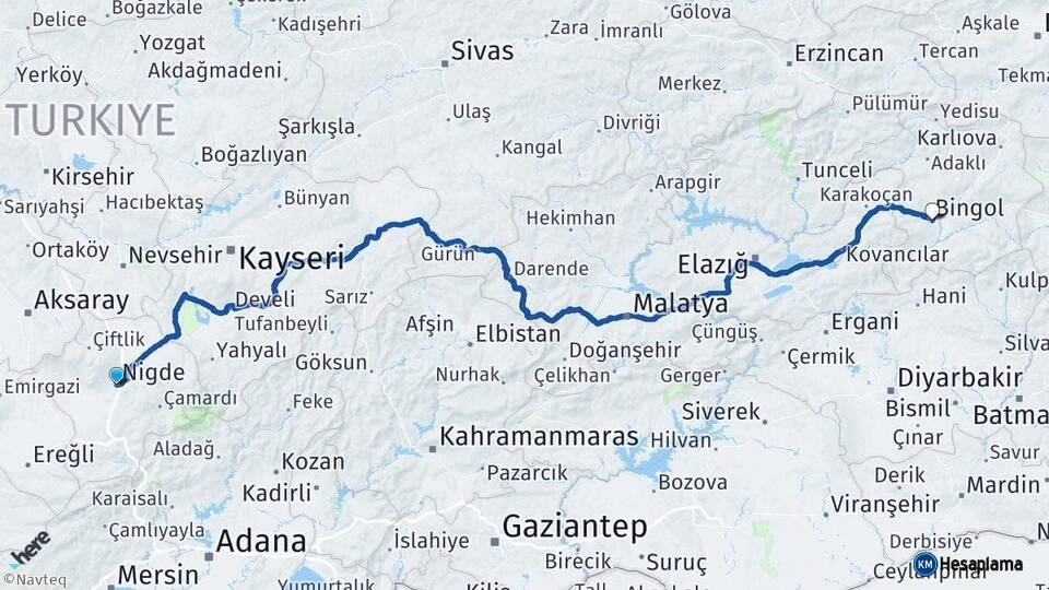 Niğde Bingöl Arası Kaç Km - Yol Haritası