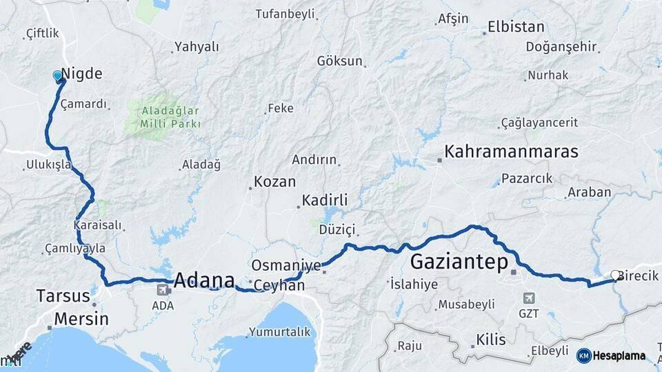 Niğde Birecik Şanlıurfa Arası Kaç Km - Yol Haritası
