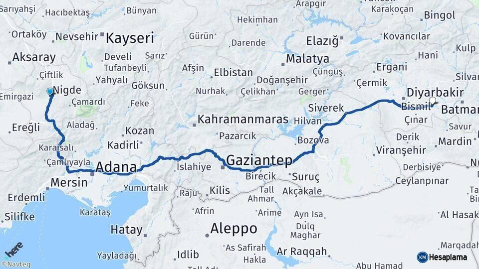 Niğde Bismil Diyarbakır Arası Kaç Km - Yol Haritası