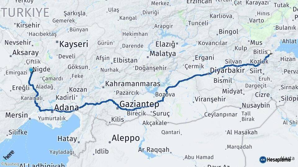 Niğde Bitlis Arası Kaç Km - Yol Haritası