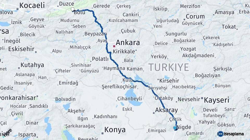 Niğde Bolu Arası Kaç Km - Yol Haritası