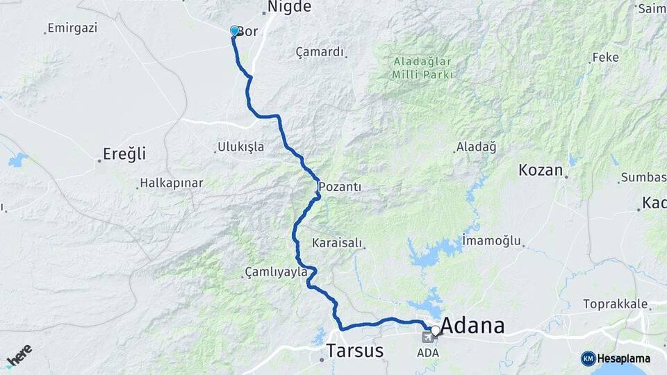 Niğde Bor Adana Arası Kaç Km - Yol Haritası
