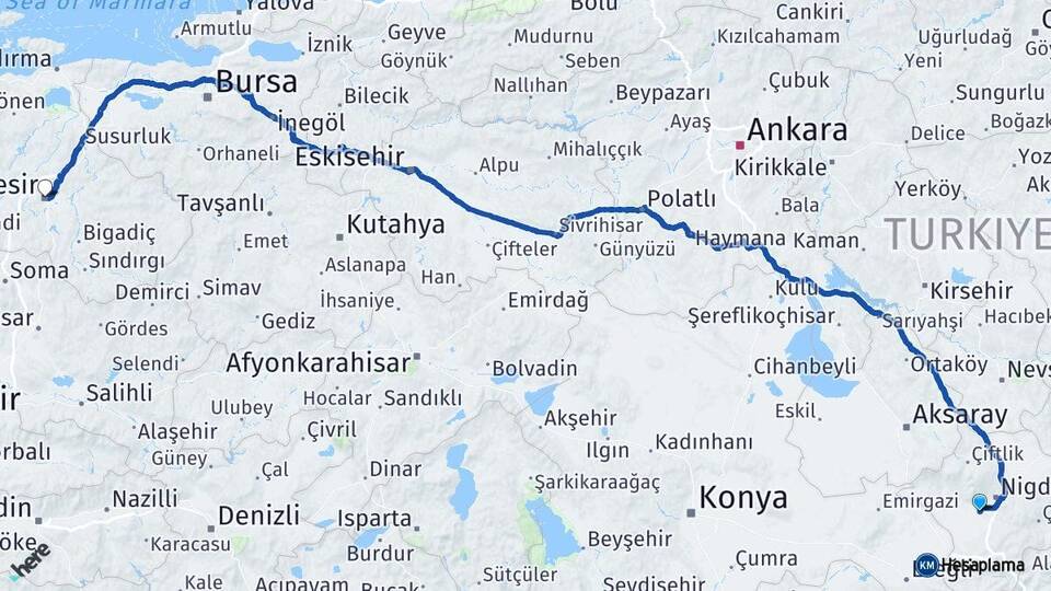 Niğde Bor Balıkesir Arası Kaç Km - Yol Haritası