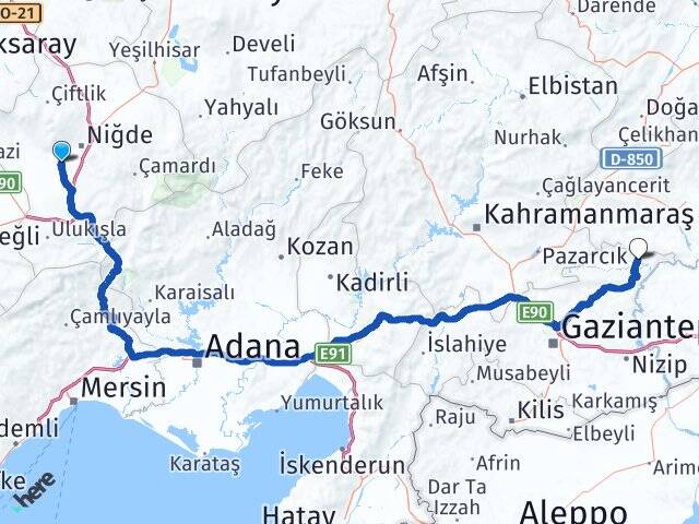 Niğde Bor Başpınar Araban Gaziantep Arası Kaç Km - Yol Haritası