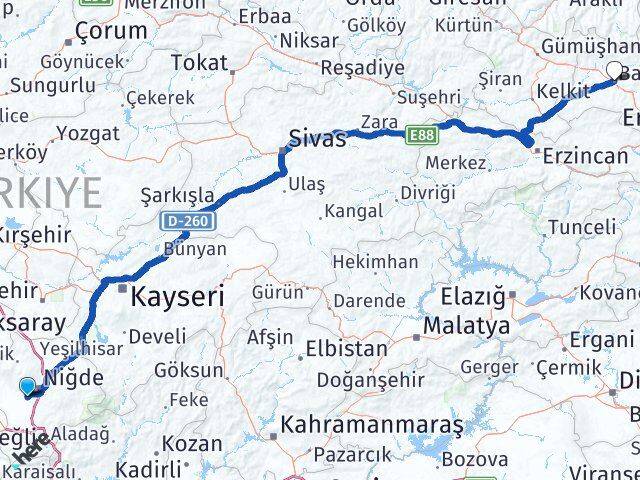 Niğde Bor Bayburt Arası Kaç Km - Yol Haritası